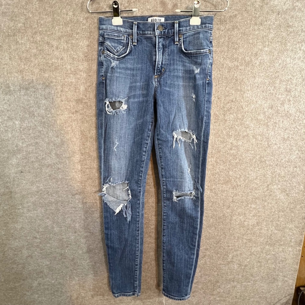 AGOLDE Distressed Skinny Jeans Womens 25 Blue Denim Ripped Raw Hem Streetwear